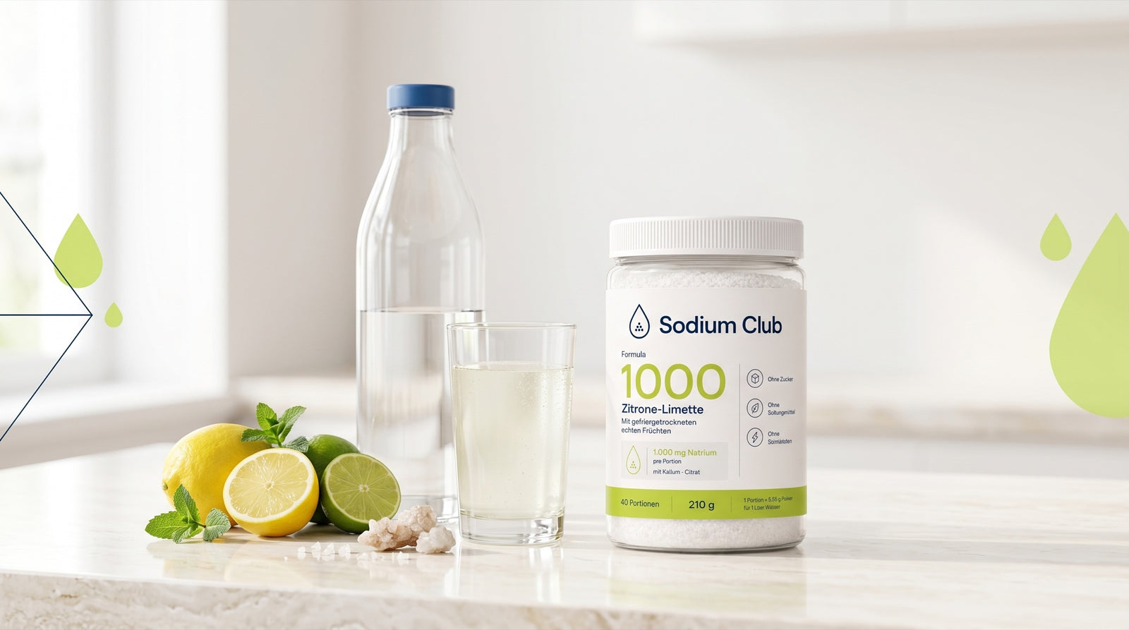 Sodium Club Daily Electrolytes mit Wasser und frischen Zitrusfrüchten